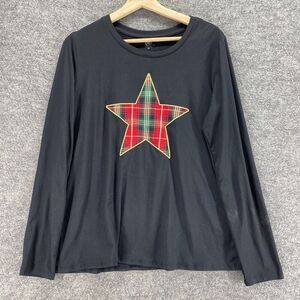 New Cato T-Shirt Women M Medium Black Plaid Long Sleeve Round Neck Pullover